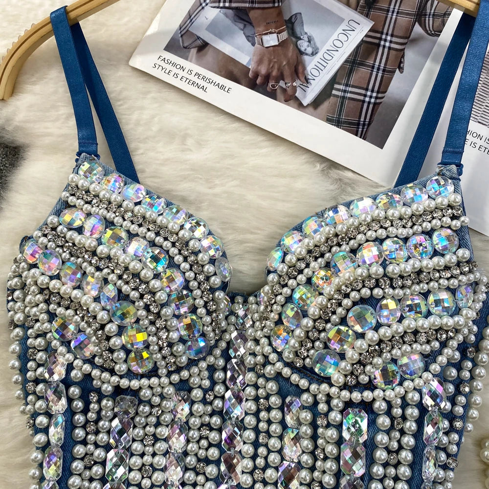 Women Summer Denim Camisole Corset Top Build In Bra Crystal Diamonds Pearl Luxury Jeans Tops High Street Club Party Nightwears