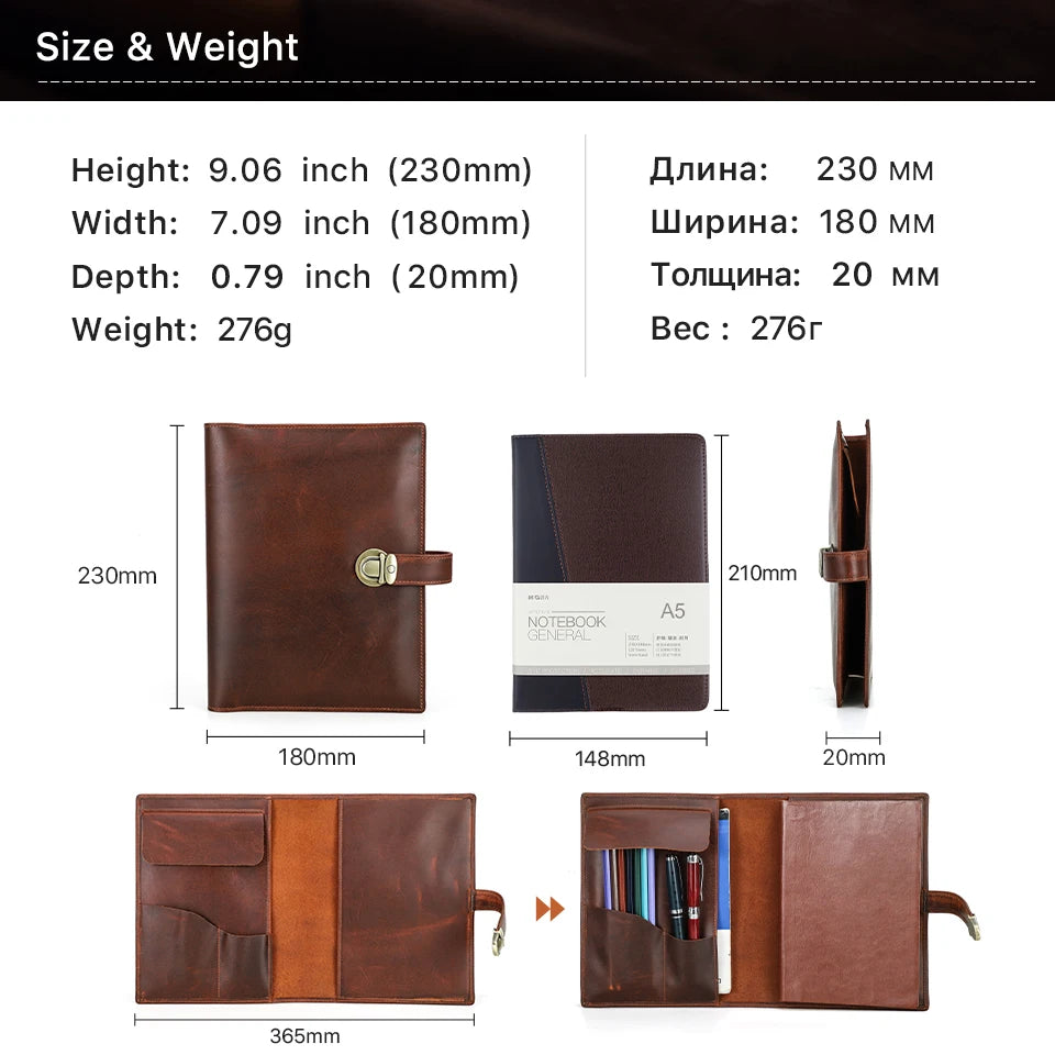 Luxury Retro Genuine Leather Notebook A5 Cover Case with Pen Holder Metal Buckle Journal Office Diary Travel Handmade Sketchbook