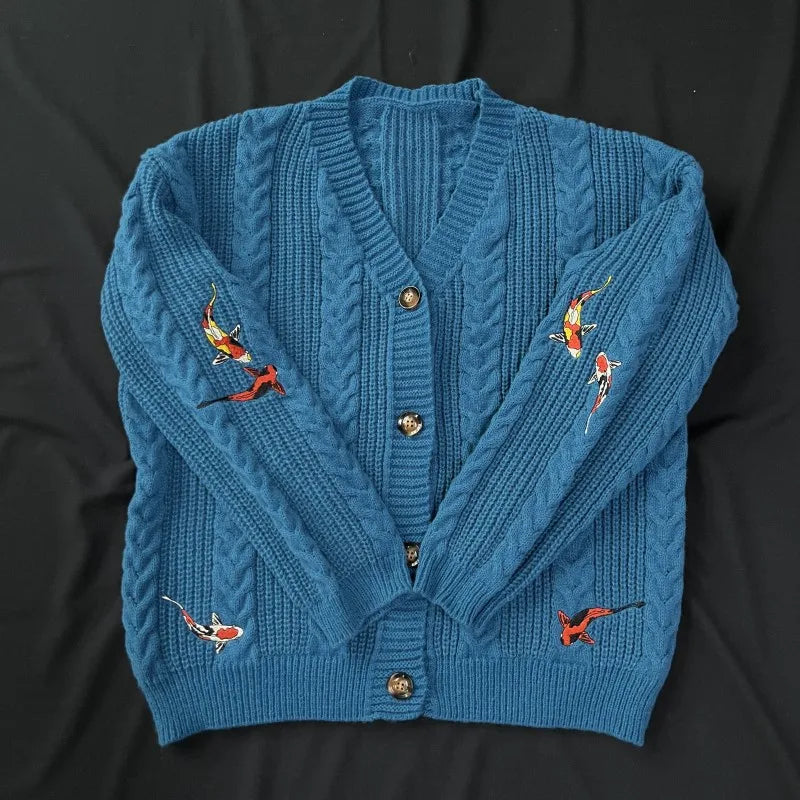 Koi Strickjacke Vintage Stickerei - Damen S-L, Türkis