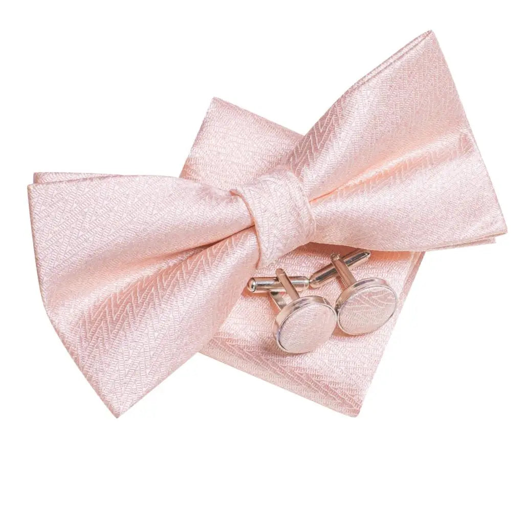 Hi-Tie Silk Mens Bow Tie Pocket Square Cufflinks Set Peach Pink Salmon Pre-tied Butterfly Knot Bowtie for Male Wedding Business