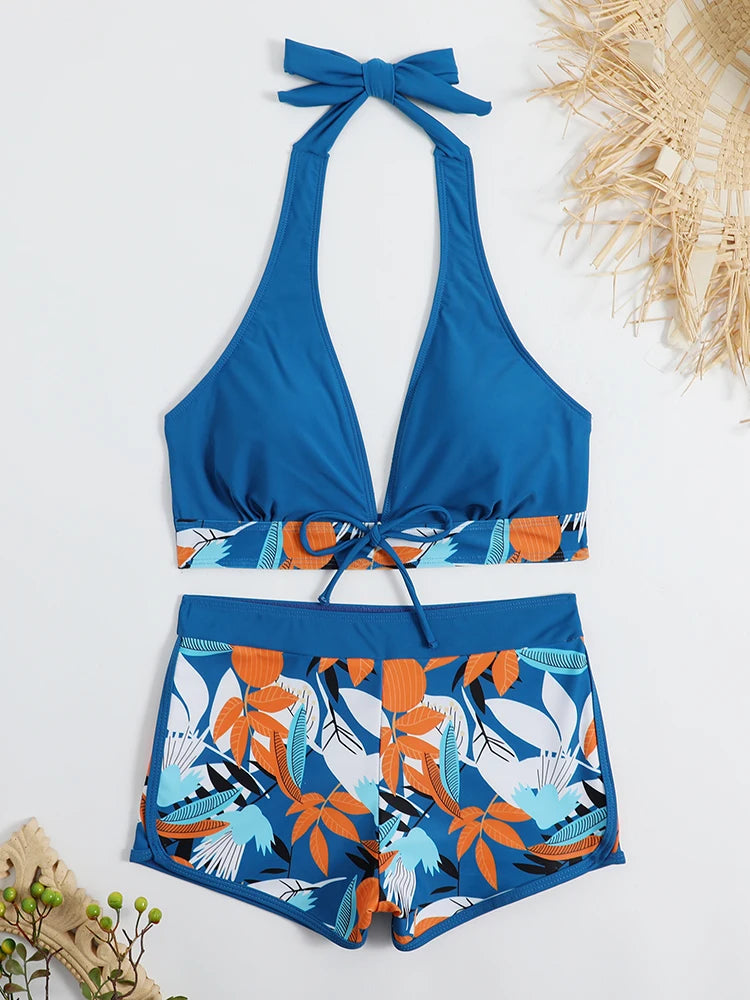 Halter Bikini Set: High Waist Design Wire-Free Support Spandex Polyester - Kurzer Schwimmanzug Frauen Bedruckte Bademode Polsterung Strandmode