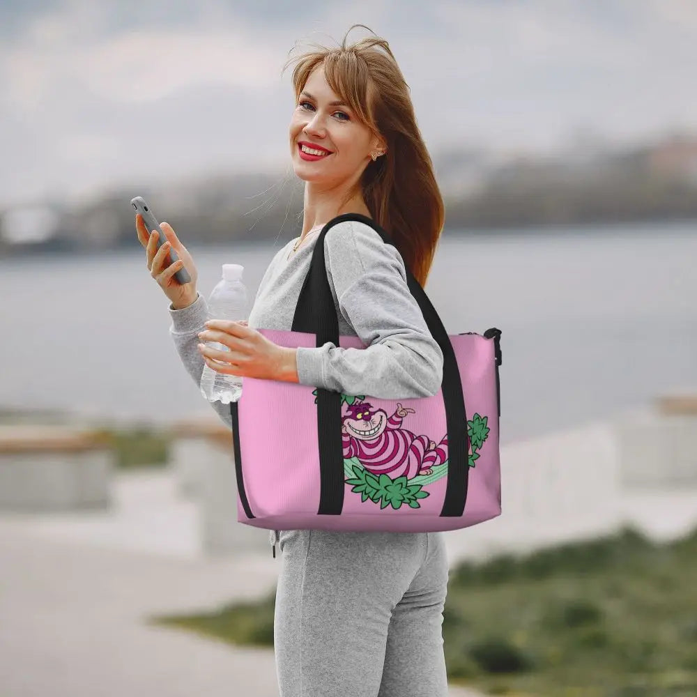 Custom Cheshire Cat Beach Tote Bag for Women We're All Mad Here Cat Big Compartment Gym Beach Travel Bags