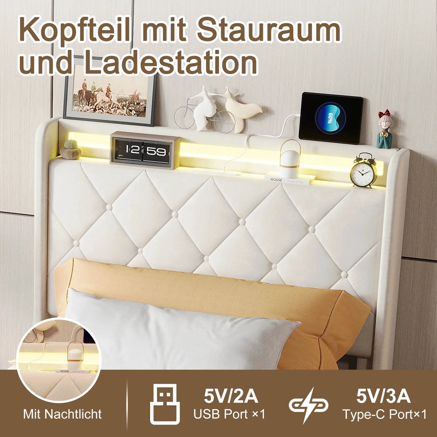 Gepolstertes Bett LED Beleuchtung USB Ladeanschluss Vier Schubladen