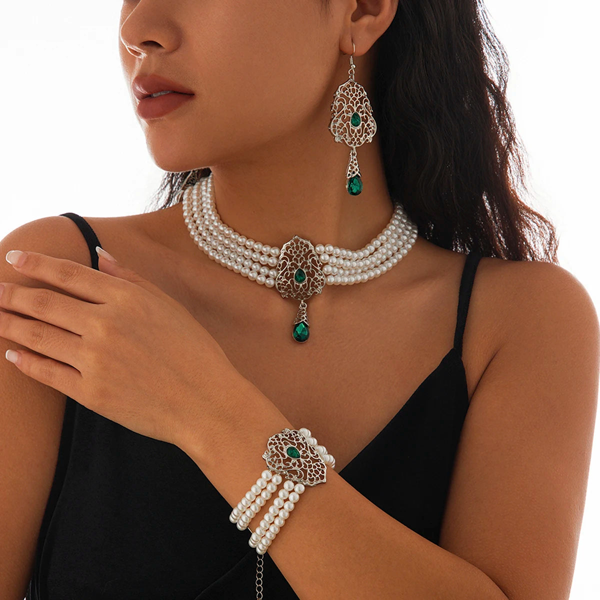 KunJoe Luxus Mehrschichtig Imitation Perlen Halskette Armband Ohrringe Frauen Wassertropfen Grün Strass Choker Hochzeit Schmuck Set