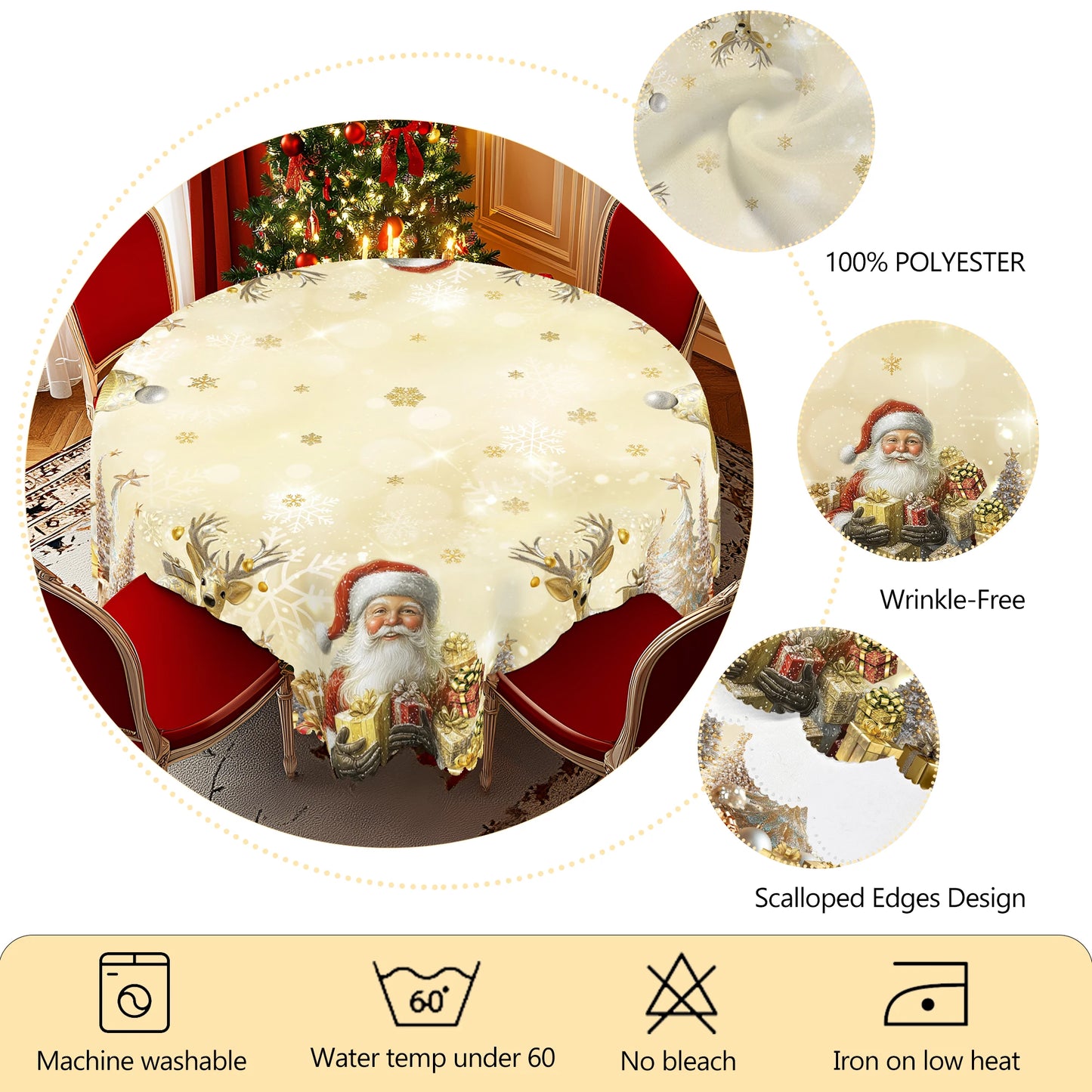 1 Piece Christmas Round and Rectangular Tablecloth, Various Sizes, Santa Claus and Elk Print Pattern Retro Gold and White Tablecloth, Christmas Garden Tablecloth Decoration, Tablecloth for Daily Home Kitchen, Terrace, Gift