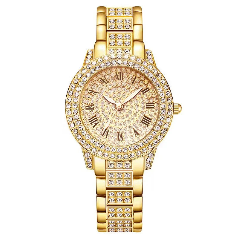 Mode Luxus Vollkristall 5-teiliges Set - Uhr Halskette Ohrringe Ring Set für Damen - Strass Armbanduhr Damen Armband Set Geschenk
