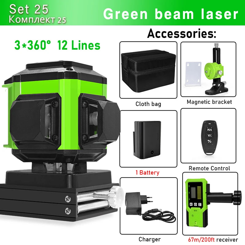 CLUBIONA 16/12 lines Self-leveling Remote Control Outdoor Mode - Receiver Auto 3x360 Green beam Line Laser Level