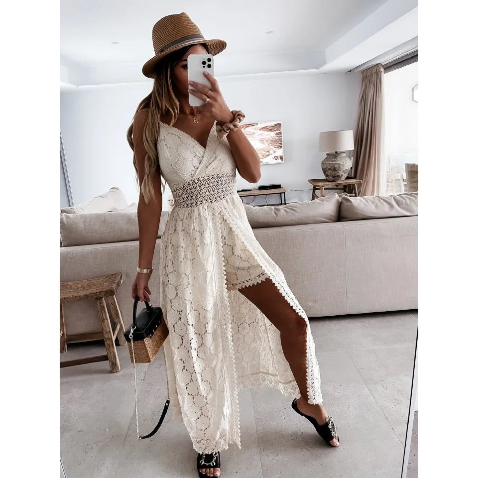 Boho style girl dress white cotton lace sleeveless long summer