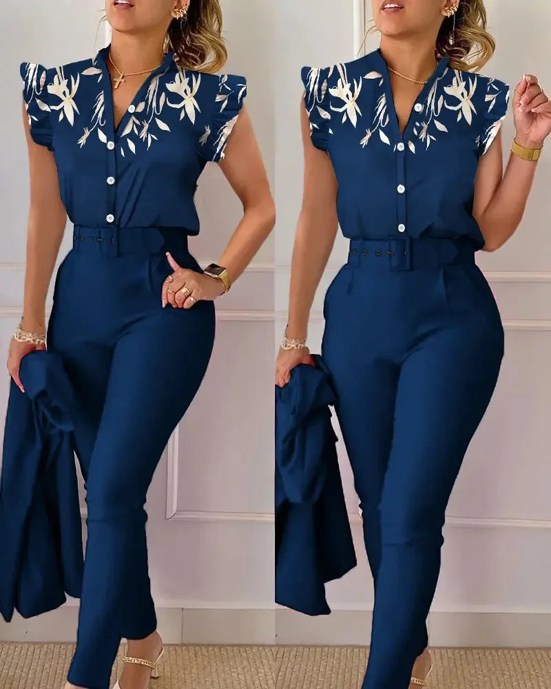 Elegant Women Two Piece Set Suits New Fashion Printed Ruffle Sleeve Top Solid Color Pants Set With Belt  Blouses Female Clothing