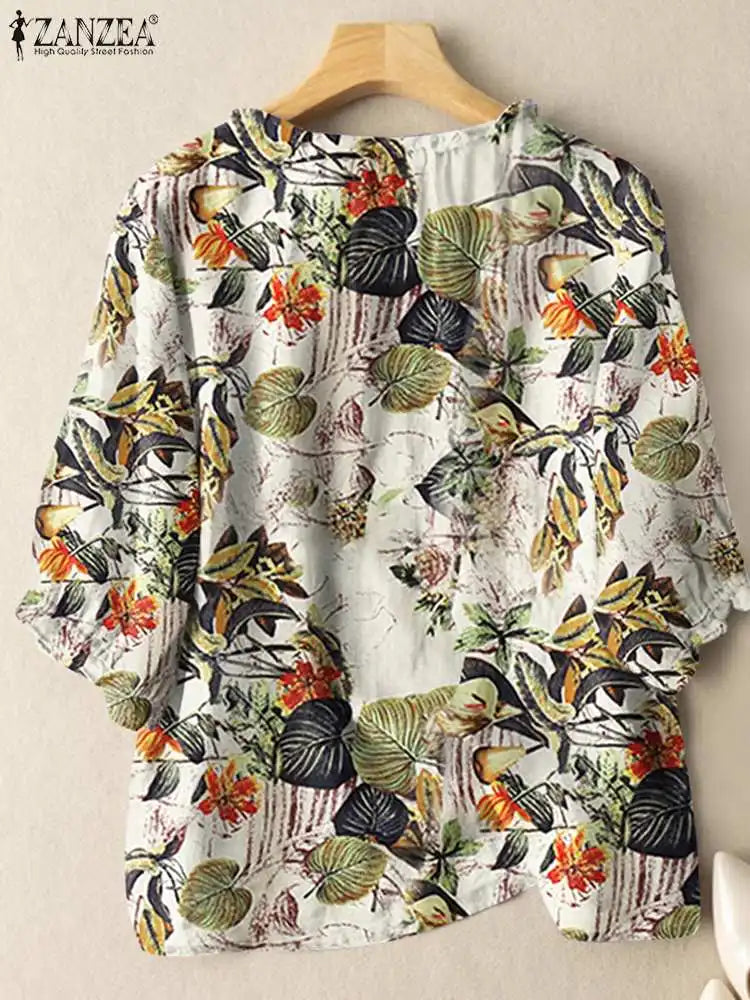 Bohemian Ruffles Tunic Shirt Work Blusas ZANZEA Women Summer O Neck 3/4 Sleeve Tops Casual Mujer Vintage Floral Printed Blouse
