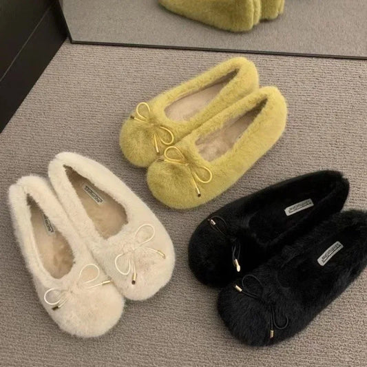 New Women's Shoes Woman Flats Low Heels Casual Female Sneakers Slip-on Loafers Fur Round Toe Shallow Mouth Boat Slip on Winter