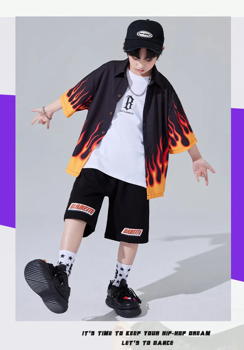 Jungen-Streetwear-Set 2025: Hip-Hop Flame-Design - Urban Dance Collection