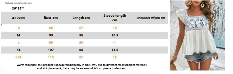 White Floral Embroidered Square Neck Peplum Blouse Shirts For Women Vintage Flying sleeves Casual Summer Boho Beach Ladies Tops