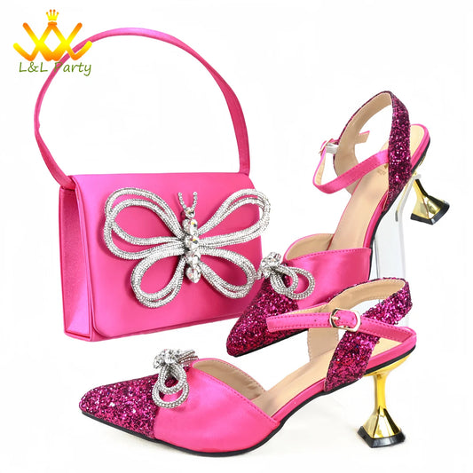 Elegant New Design 2024 Winter Design Italian Women Shoes and Bag Set in Fuchsia Color High Quality Pointed Toe For Party