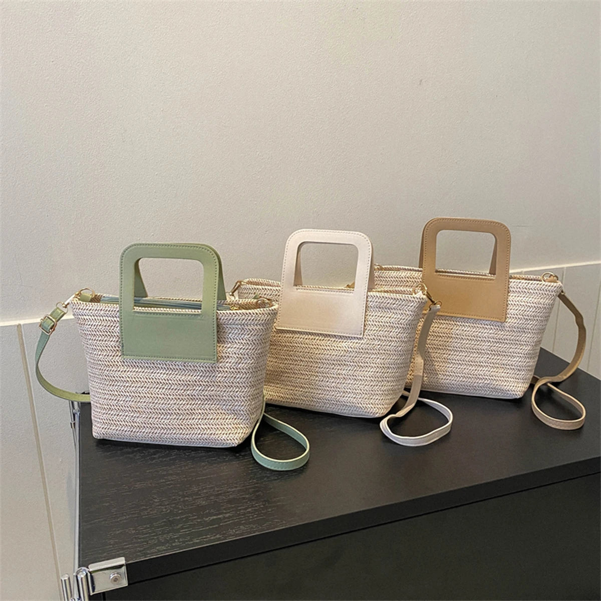Women Woven Straw Beach Bag Lightweight Summer Tote with PU Leather Handles Detachable Strap for Vacation Poolside Shoulder Bag