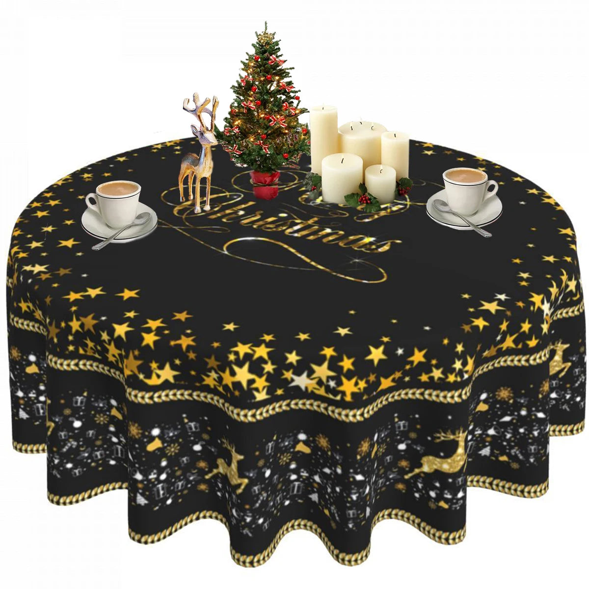 Christmas Tablecloth Black Merry Christmas Round Table Cloth Christmas Elk and Presents Table Cover Fabric Home Decoration Gift