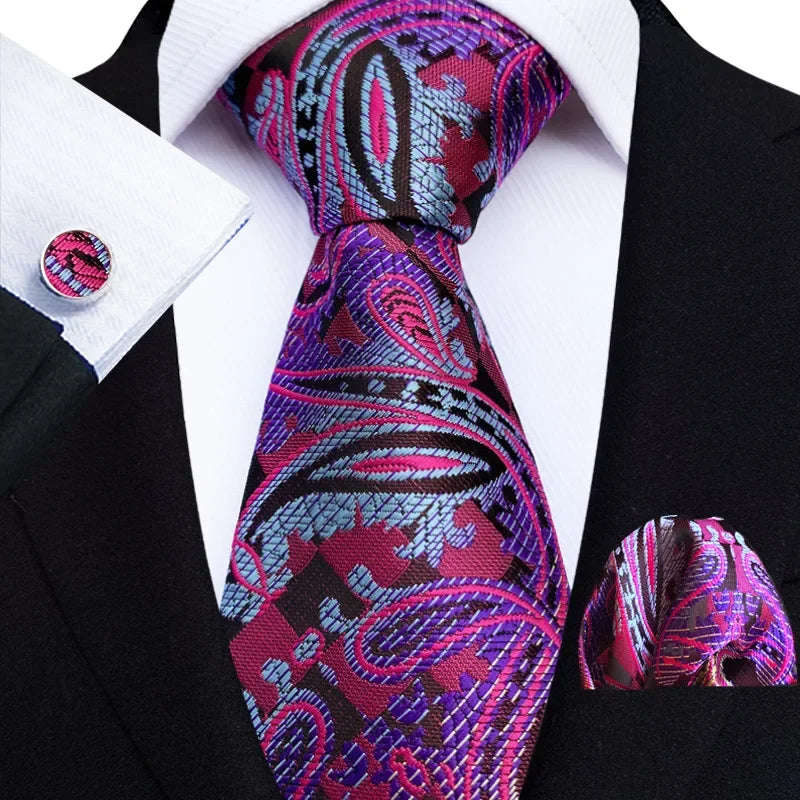 Luxury Mens Ties Floral Black Gold Ties Paisley Grid NeckTie Pocket Square Cufflinks Set Men's Wedding Party Tie