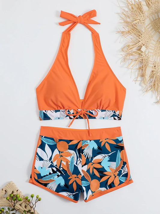Halter Bikini Set High Waist Design Wire-Free Support Spandex Polyester Kurzer Schwimmanzug