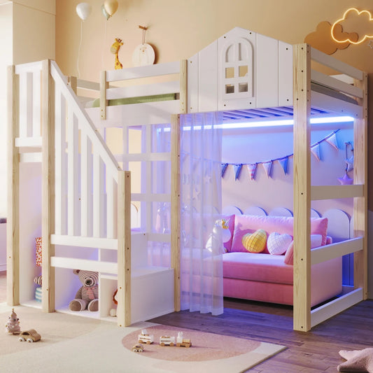 KieferHimmel Hochbett Mit LED Beleuchtung -Maße 90x200 CM Aufbewahrung by Golden Bridge Store