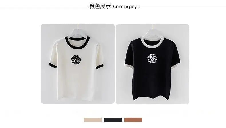 Knitted T Shirt for Women Summer Flower Embroidery Designer Luxury Clothes Slim Tops  Women's Short Fashion Short Sleeve T-shirt