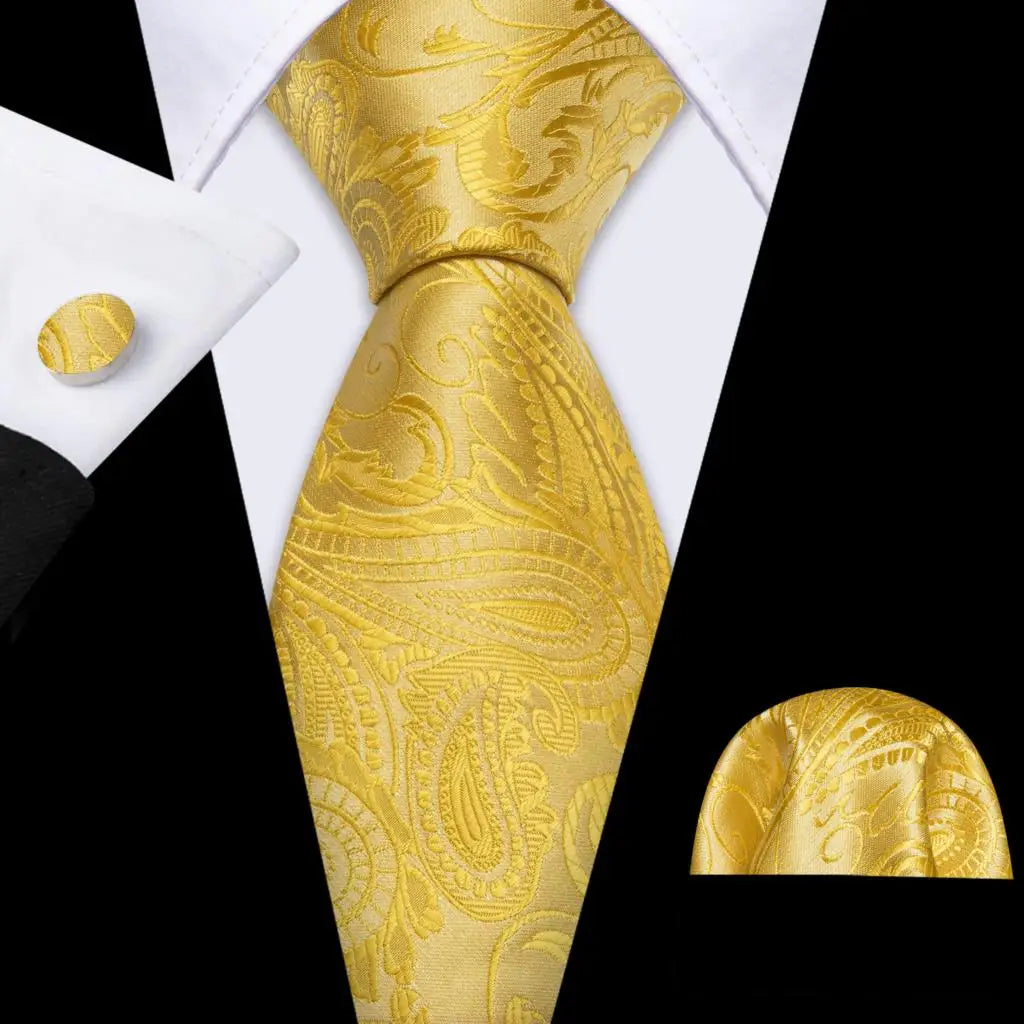 Fashion Silk Men Tie Set Gold Yellow Orange Solid Paisley Striped Plaid Floral Necktie Pocket Square Cufflinks Wedding Business