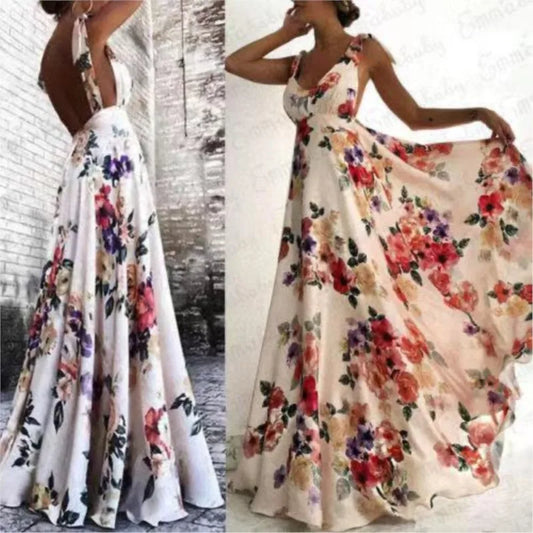 Backless women floral high waist large swing sleeveless long dresse