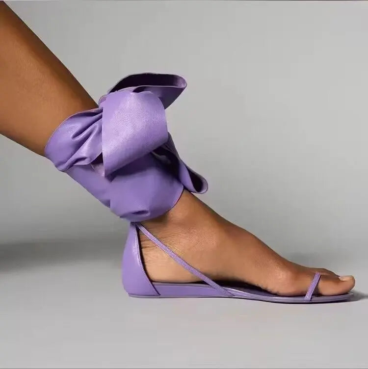 elegant Women's Flat Ballet Shoes Bow Designer Pointy Lace Up Party Sandals Trend Summer Slingback Sandals Women Plus Size 35~42