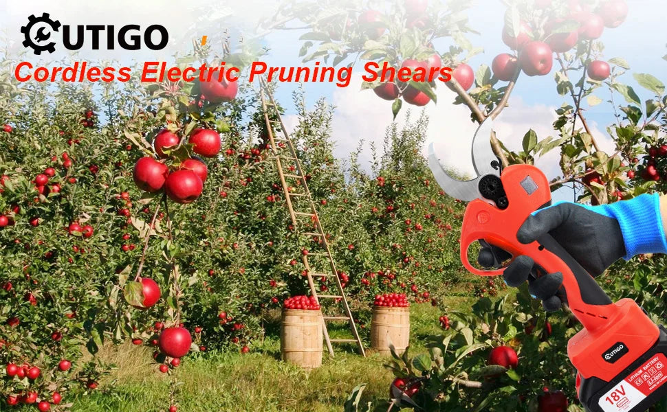 OUTIGO Elektrische Gartenschere - 40mm mit Display 2x 3.0Ah Akkus für Obstbäume und Weinberge Karbonstahl