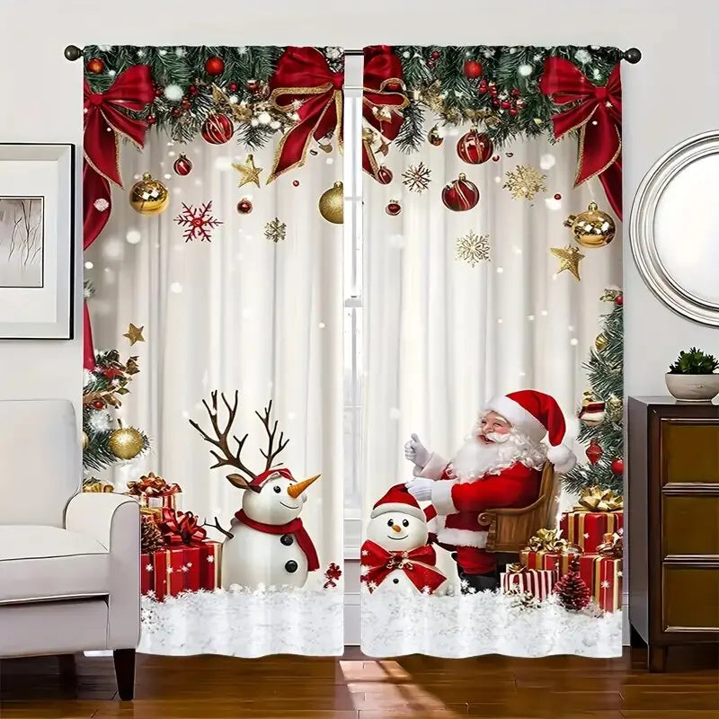 2pcs - Christmas Santa Claus Christmas print curtains, pole bag curtains, home decoration, room decoration