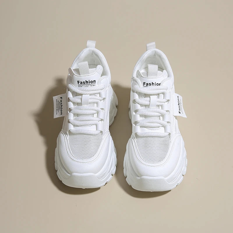 Whiet Breathable Chunky Sneakers Woman 2025 Spring Thick Platform Casual Sneakers Women Non Slip Lace Up Sports Shoes Female
