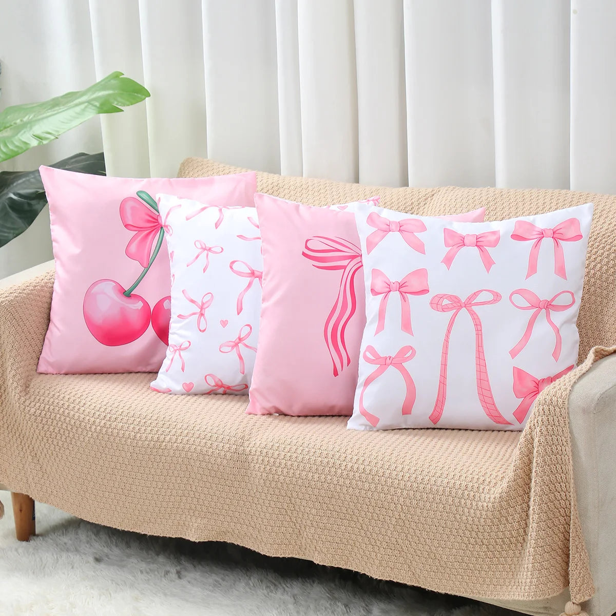 4pcs Pink Bow Cherry Pattern Printed Pillowcase Birthday Cushion Cover Sofa Cushion Cover Pink Bow Party Decoration Supplies