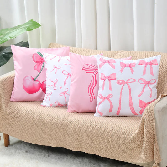 4pcs Pink Bow Cherry Pattern Printed Pillowcase Birthday Cushion Cover Sofa Cushion Cover Pink Bow Party Decoration Supplies