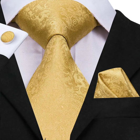 Hi-Tie Seiden-Herren-Krawatten-Set Blumenmuster Gelb Gold Krawatten und Taschentücher Manschettenknöpfe-Set Herren-Hochzeits-Party-Anzug-Mode-Halskrawatte C-3053