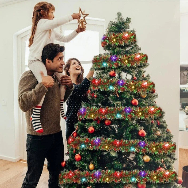 5M Weihnachts-Lametta-Girlande mit LED-Leuchten für Weihnachtsbaum, Hängedekoration, metallisch glänzend, mit LED-Leuchten, Weihnachtsdekoration