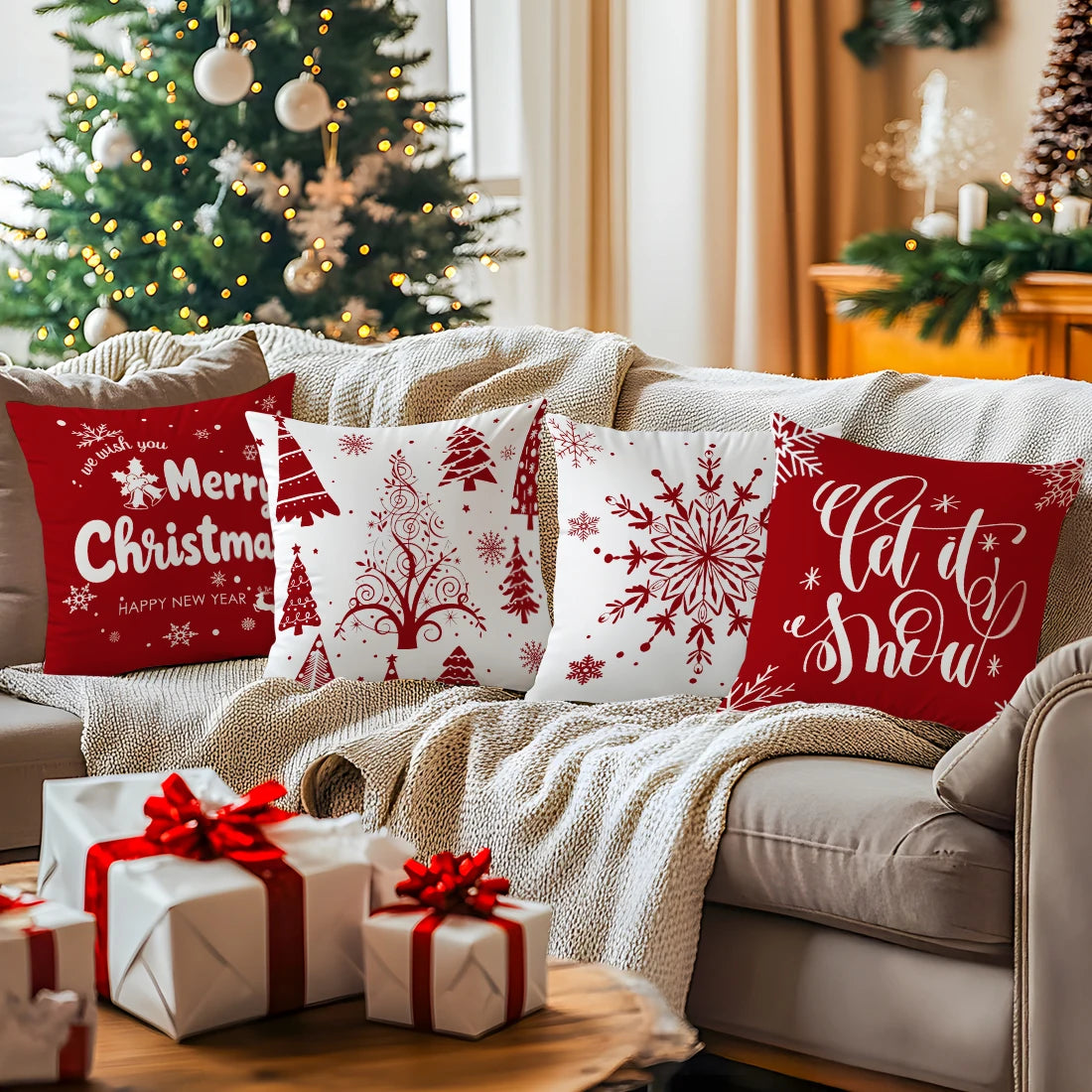 Red Christmas Decoration Pillowcase Printed Polyester 40/45/50cm Throw Pillowcover Decorative Sofa Cushion Pillowslip Home Decor