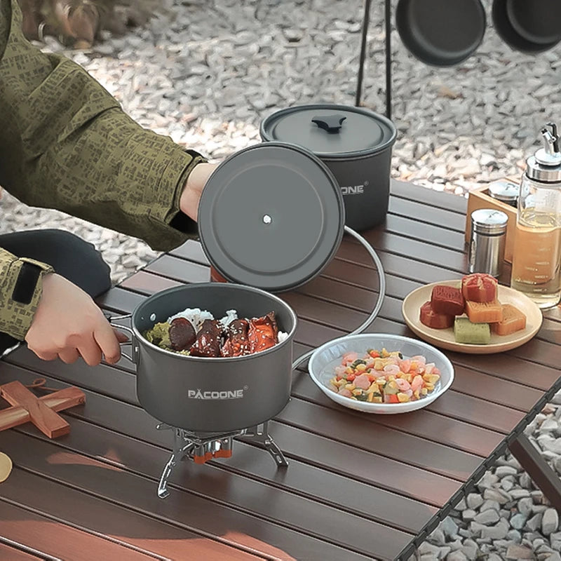 PACOONE Camping Cookware Set Outdoor Portable Foldable Cookware Set Pot Cooking Kettle Set Tableware Hiking Picnic Equipment