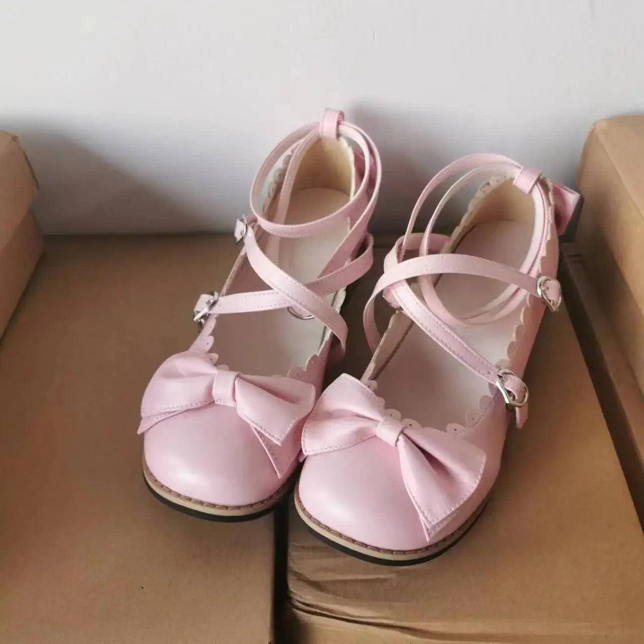 Lolita Schuhe Damen 2025 - Flats Low Round Cross Straps Schleife - Süße Mädchen Prinzessin Tea Party Schuhe Studenten 34-41