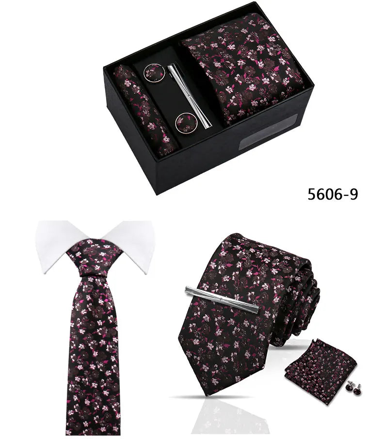 Elegant Men's Suit Necktie Gift Box Set Floral Tie Handchief Cufflinks Tie Clip 4-Piece Business Wedding Party Suit Accessories