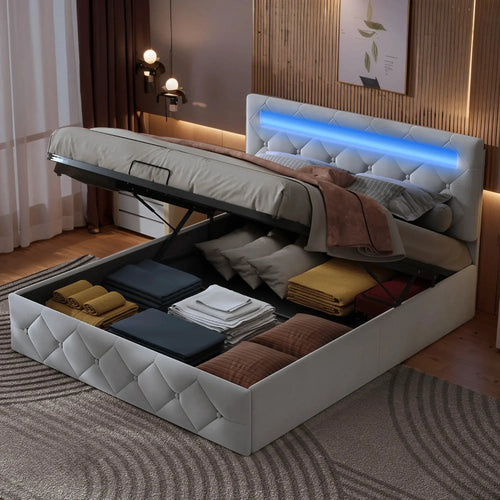 Gepolstertes Doppelbett Hydraulischer Stauraum Mit LED Licht