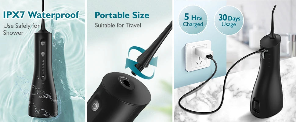 Sejoy Water Dental Flosser For Teeth Cleaning, Cordless Portable Oral Irrigator Rechargeable Powerful Water Teeth Cleaning