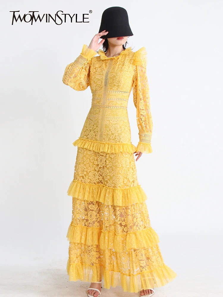 TWOTWINSTYLE Elegant Dresses For Women Stand Collar Long Sleeve High Waist Embroidery Slim Dress Female Fashion Clothing 2023