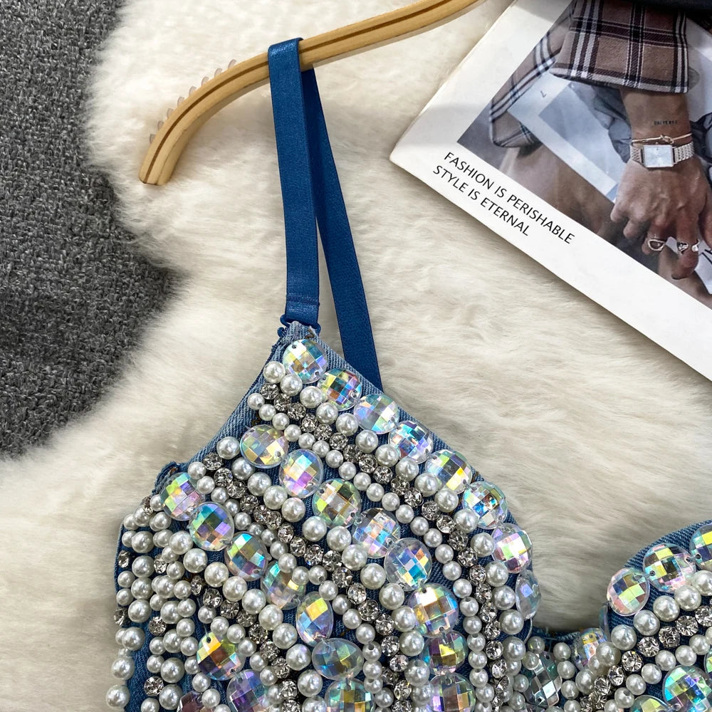 Women Summer Denim Camisole Corset Top Build In Bra Crystal Diamonds Pearl Luxury Jeans Tops High Street Club Party Nightwears