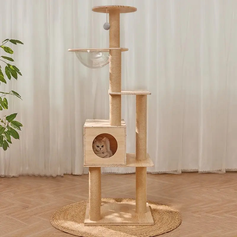 Massivholz Säule Multi-schicht Katzen Klettergerüst, Multifunktional Haustier Große Katzen Villa Mehrstöckig Katzen Baumhaus Klettern Spielzeug