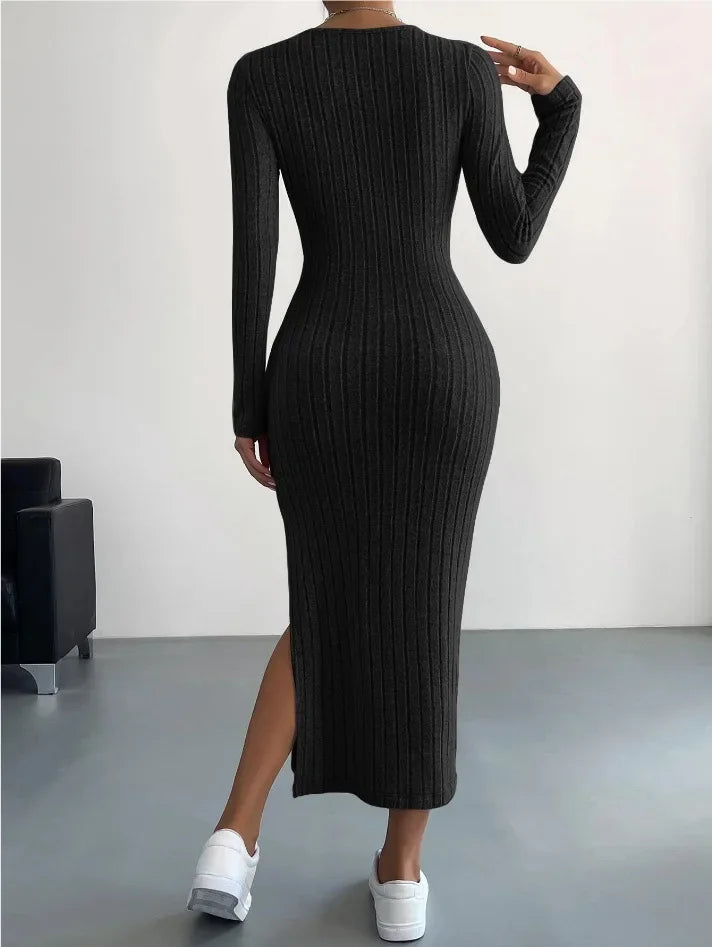 Damen Kleid 2025 - Casual Elegant Women Dresses Autumn Winter Long Sleeve Round Neck Split