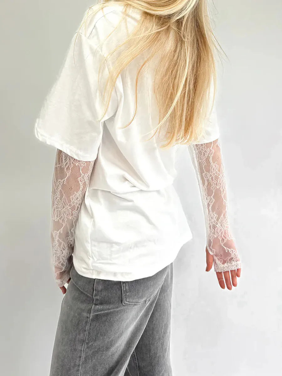 T-Shirt 2025: hirigin Women Round Neck T-Shirt Lace Long Sleeve Casual Shirts - Spring Fall Loose Fit Tops Ladies Solid Color Tee for Streetwear Y2K 00s Collection