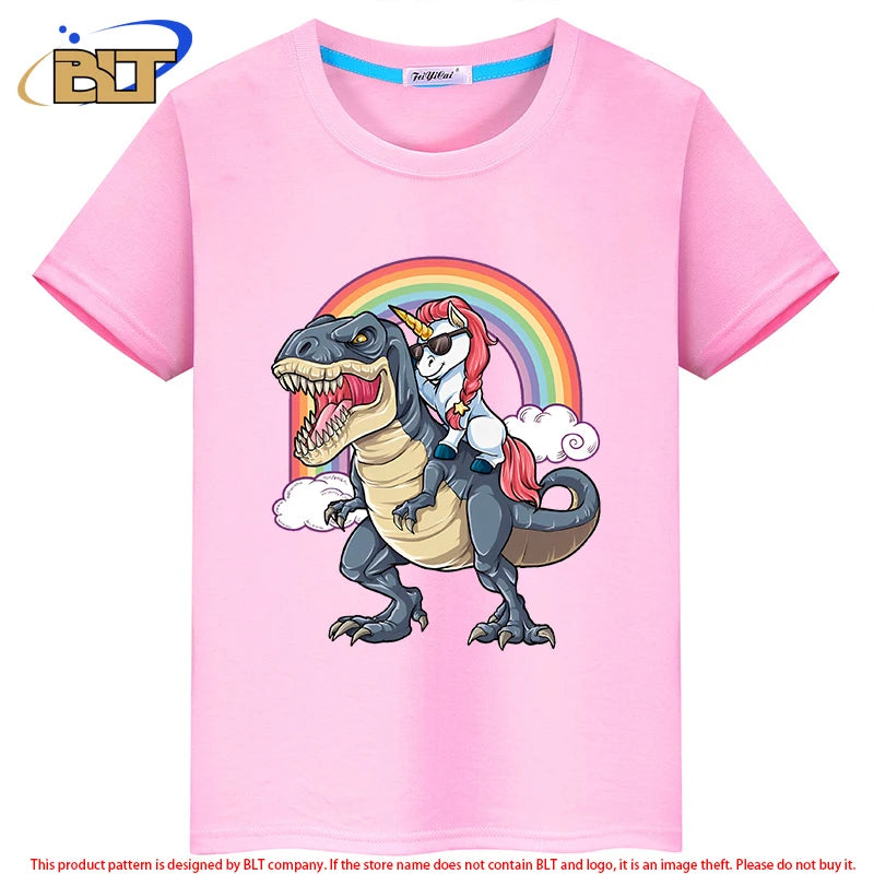 Kinder-T-Shirt 2025: Einhorn auf Dinosaurier - Premium Baumwoll-Mix