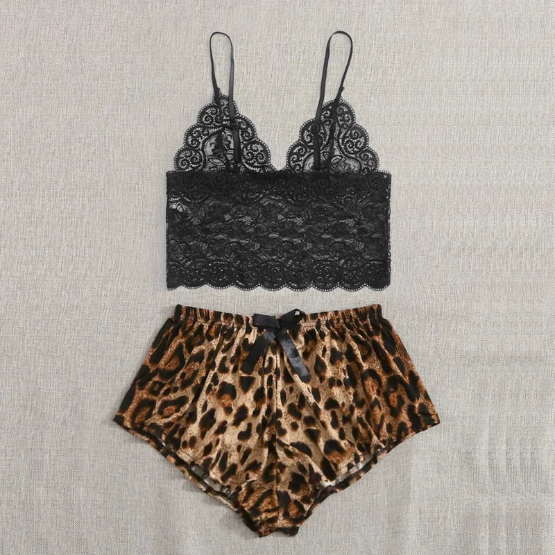 Pyjama-Set 2025: 2025 Women's New Pajamas 2pcs Sexy Lace Hollowed Out Camisole - Undershirt Leopard Print Shorts Fashion Home Cute Casual Sets Collection