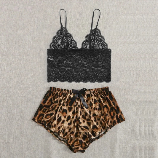 Pyjama-Set 2025: 2025 Women's New Pajamas 2pcs Sexy Lace Hollowed Out Camisole - Undershirt Leopard Print Shorts Fashion Home Cute Casual Sets Collection