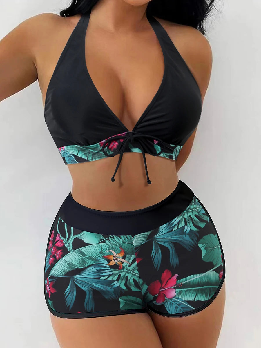 Halter Bikini Set: High Waist Design Wire-Free Support Spandex Polyester - Kurzer Schwimmanzug Frauen Bedruckte Bademode Polsterung Strandmode
