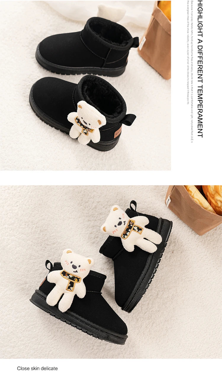 Kinder-Schneestiefel mit niedlichen Bären, Kinder-Stiefeletten, vielseitige Mode, 2025, Winter, neue warme Stiefel für Jungen und Mädchen, dickes Fell, rutschfest